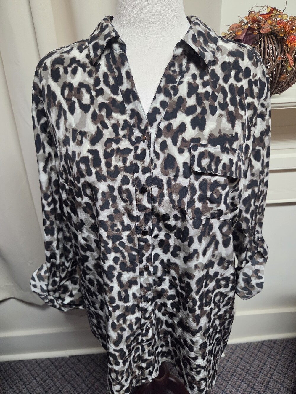 Style & Co. Leopard Print Button-Down in Black, Gray & Brown Size XL
